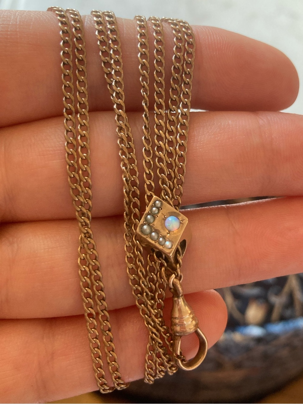 Antique Victorian Opal & Seed Pearl Gold-Filled Watch Chain Necklace